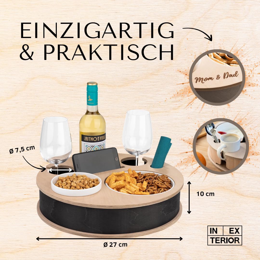 INEXTERIOR – Couchbar RundumBar handgefertigt aus Holz in Schwarz mit Wunschgravur – Runde Snack Box