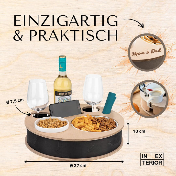 INEXTERIOR – Couchbar RundumBar handgefertigt aus Holz in Schwarz mit Wunschgravur – Runde Snack Box