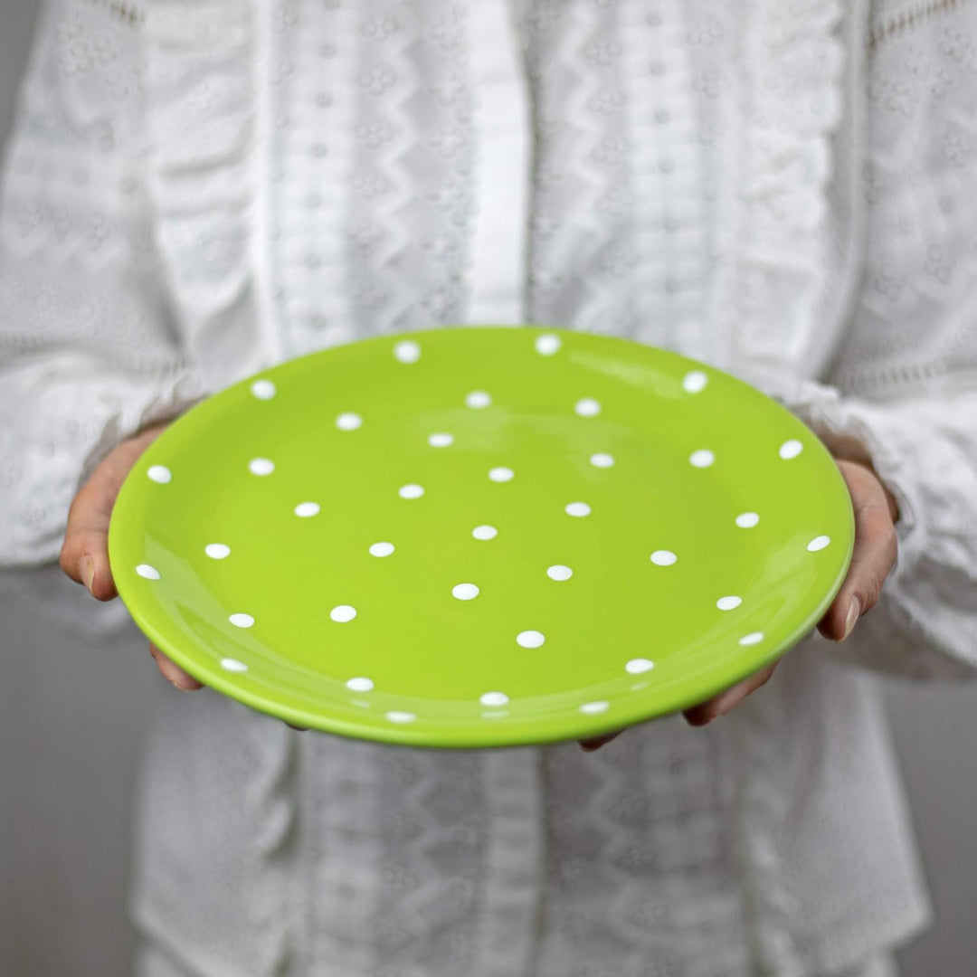 City to Cottage® - Keramik Teller 25.5 cm | Grün und Weiss | Polka Dots | Handgemacht | Grosser Spei