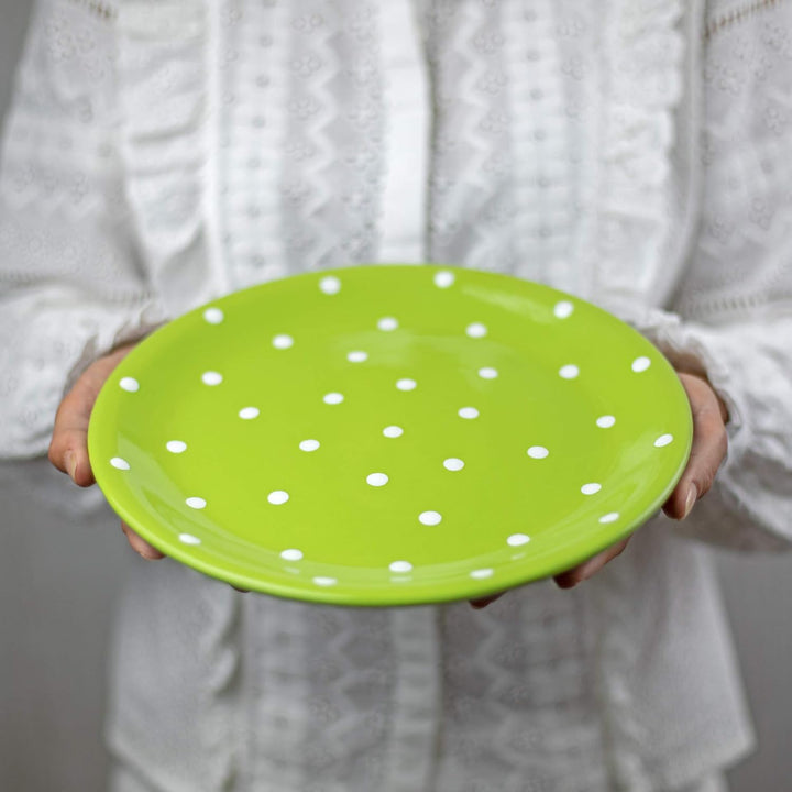 City to Cottage® - Keramik Teller 25.5 cm | Grün und Weiss | Polka Dots | Handgemacht | Grosser Spei