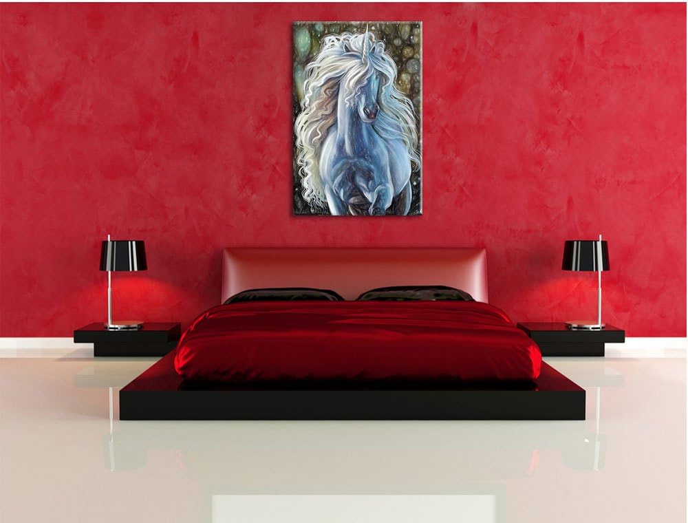 Pixxprint Trabendes weisses Einhorn als Leinwandbild/Grösse: 100x70 / Wandbild/Kunstdruck/fertig bes