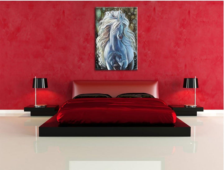 Pixxprint Trabendes weisses Einhorn als Leinwandbild/Grösse: 100x70 / Wandbild/Kunstdruck/fertig bes