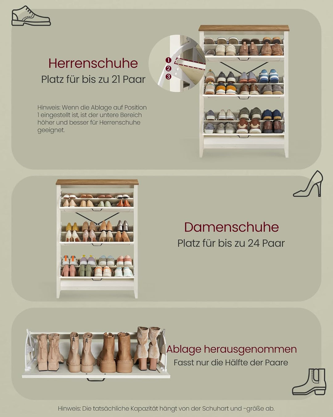 VASAGLE LIRY Kollektion - Schuhschrank 3 Klappen, Schuhkipper, freistehendes schmales Schuhregal, fü