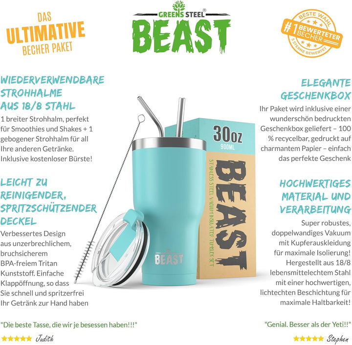 Beast Thermobecher 900 ml - Aquamarinblau I Mehrweg Thermo Kaffeebecher To Go mit 2 Strohhalmen & Re