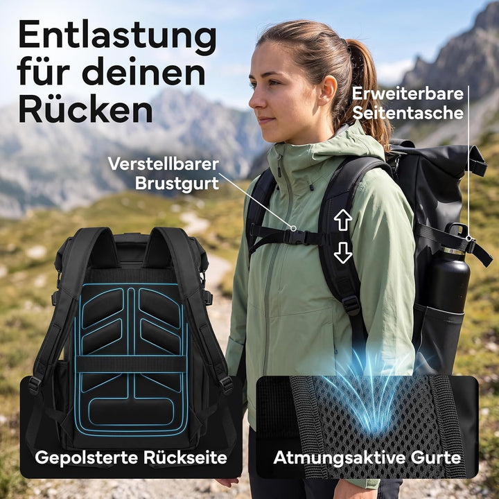 NEOLYMP Rucksack Herren &amp; Damen - wasserdichter Rolltop Backpack mit grossem Laptopfach, Wet Case &amp;