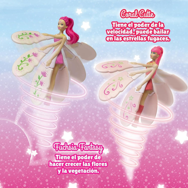 Bizak Sky Dancers Fuchsia Fantasy ist eine 18 cm hohe Fantasiepuppe, die ihre Flügel entfaltet und w