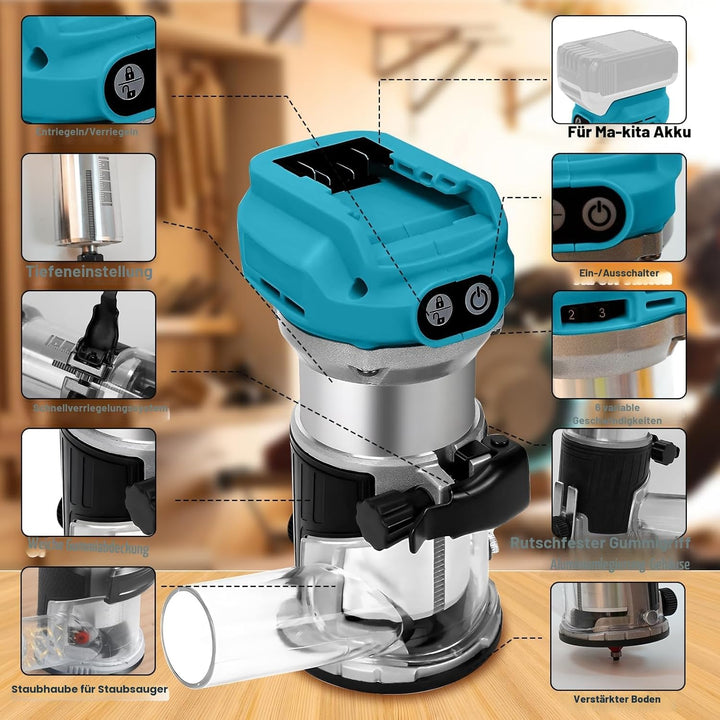 Akku Oberfräse für Makita 18 V Akku, 800 W Bürstenloser Oberfräse Trimmer Einhandfräse Kantenfräser