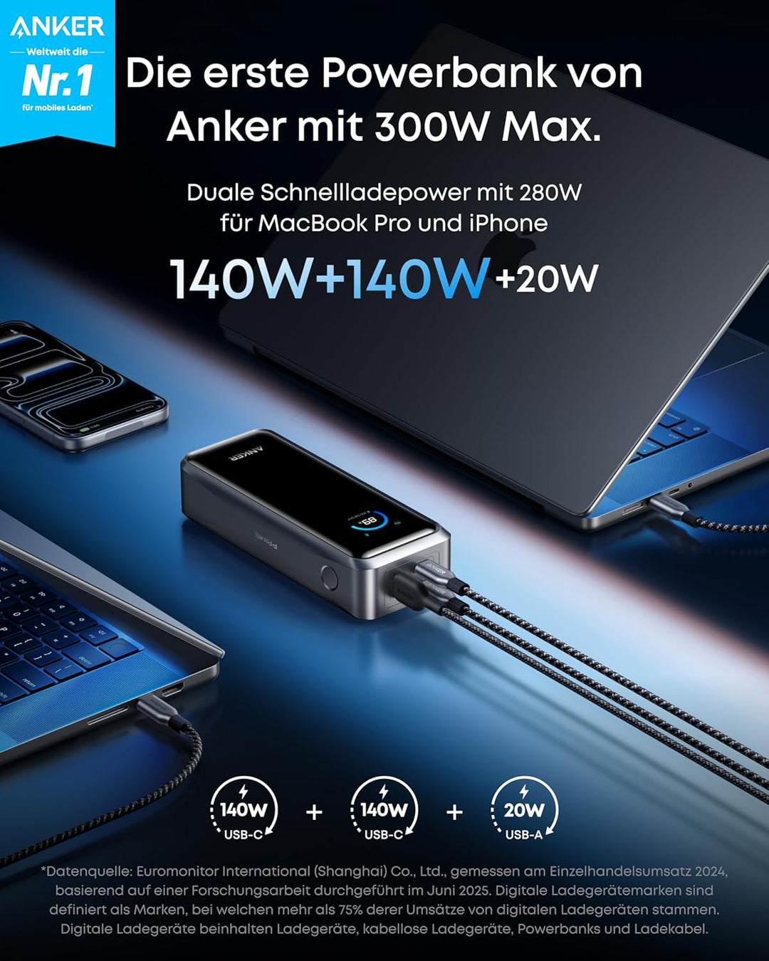 Anker Prime Powerbank, 26250mAh, tragbares Ladegerät mit 3 Ports und 300W Ausgang, bidirektionales L