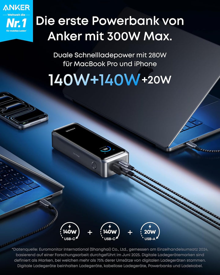 Anker Prime Powerbank, 26250mAh, tragbares Ladegerät mit 3 Ports und 300W Ausgang, bidirektionales L