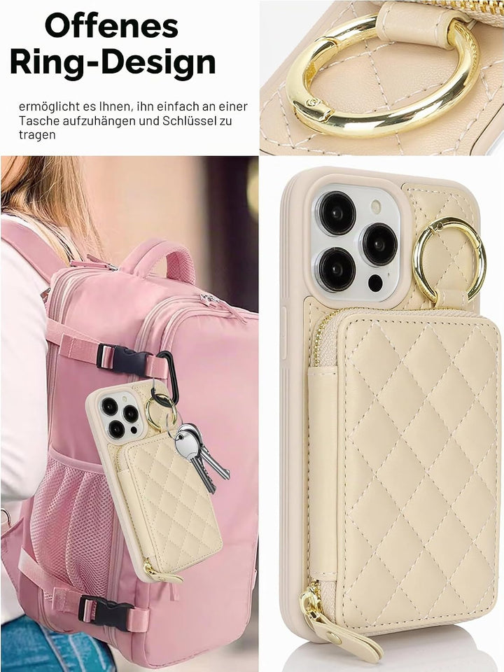 ELTEKER Handyhülle für iPhone 13 Pro Hülle mit Band Verstellbarem Schultergurt, Reissverschluss Geld