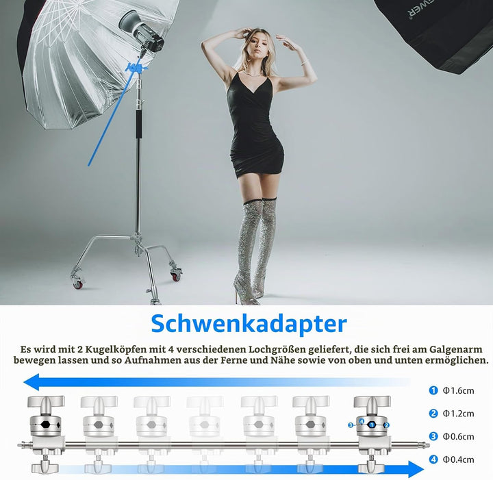 NEEWER Pro 100% Metall C Ständer Lichtständer mit Rädern, max. Höhe 330 cm Verstellbarer Reflektorst