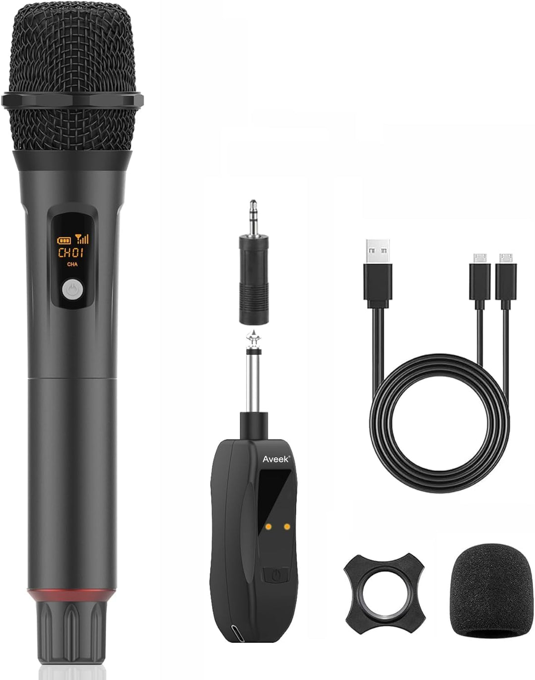 Aveek Karaoke Mikrofon Kabellos Set, 2.4GHz Drahtloses Handmikrofon,6,35/3,5 mm Mikrofonöffnung,Mit