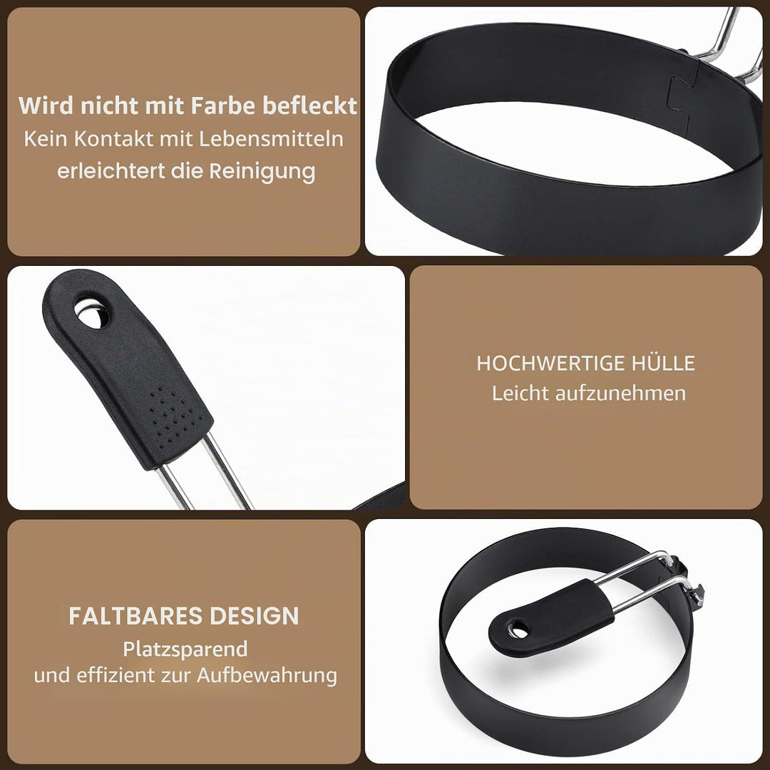 Eierring-Set aus Edelstahl, 8,9 cm, runde Eierform zum Braten und Grillen, mit Ölpinsel (4 Ringe, 2