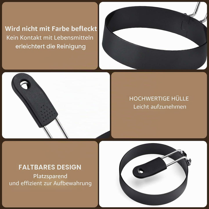 Eierring-Set aus Edelstahl, 8,9 cm, runde Eierform zum Braten und Grillen, mit Ölpinsel (4 Ringe, 2