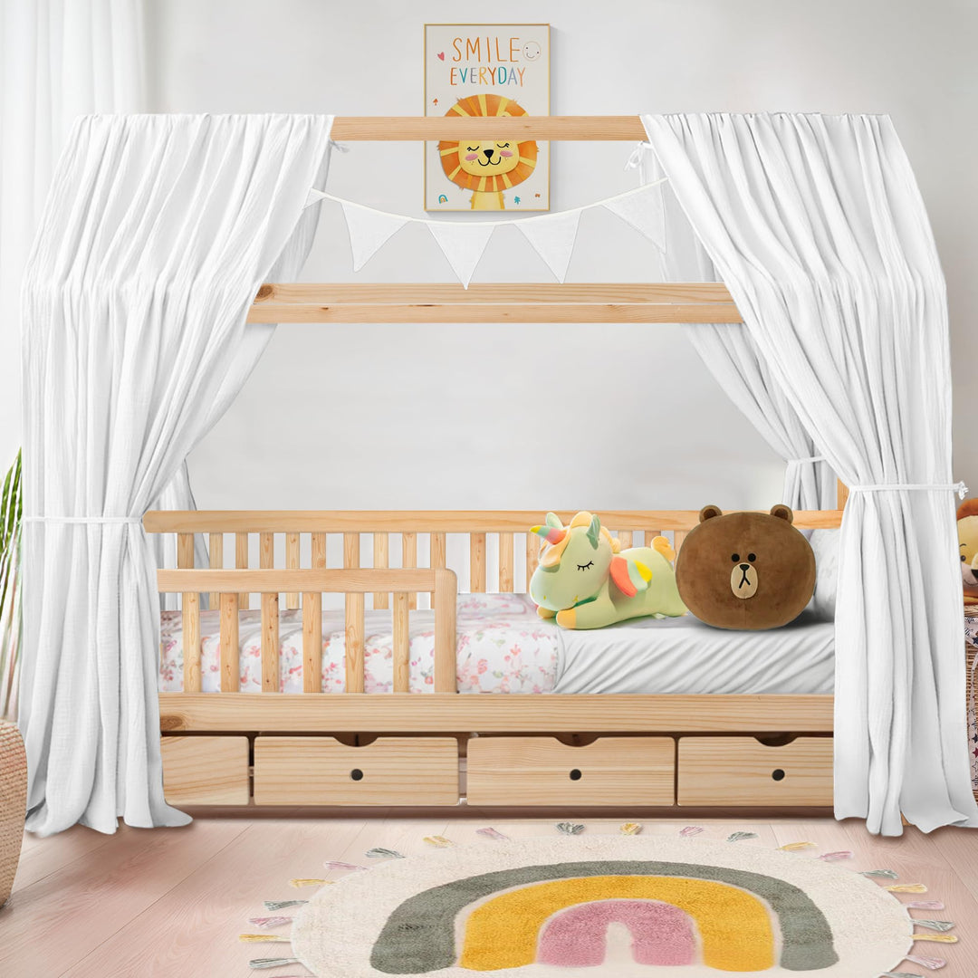iLuane Hausbett Himmel aus 100% Baumwolle Musselin – Stoffhimmel Deko mit Schleifen – Betthimmel für
