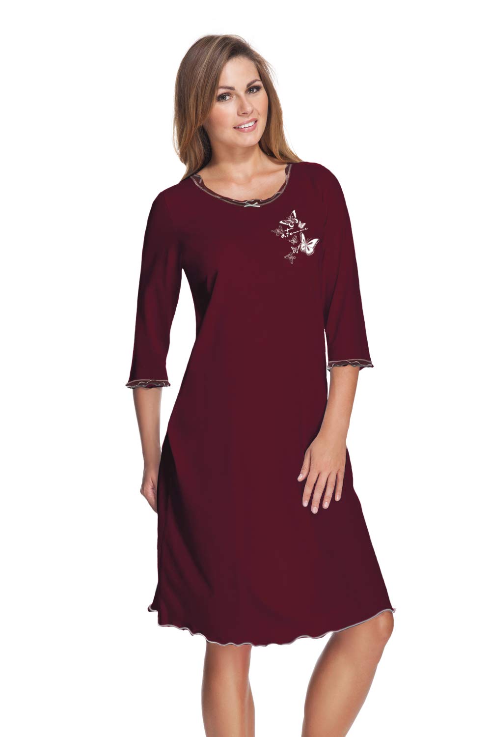 e.Femme® Damen Nachthemd 275 mit 3/4 Ärmeln, aus 50% Baumwolle und 50% Modal Bordeaux 38, Bordeaux 3