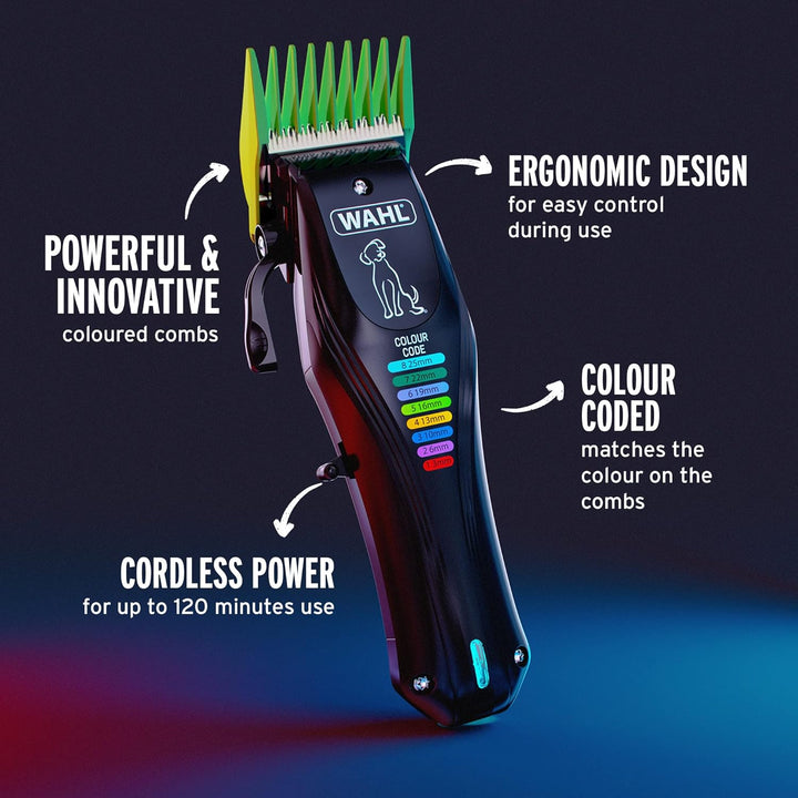 WAHL Color Pro Wiederaufladbare Haustierschneidemaschine, Haarschneidemaschine mit kodierten Kämmen,