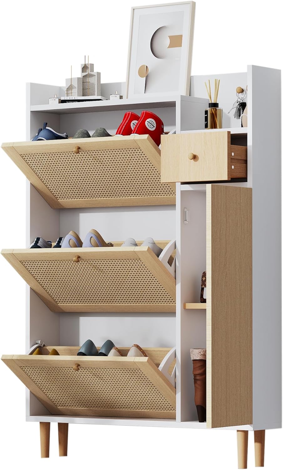 BTM Schuhschrank, Rattan Holz Schuhkipper mit 3 Klappen & Schublade & Tür & Massivholzbeinen, 90x17x