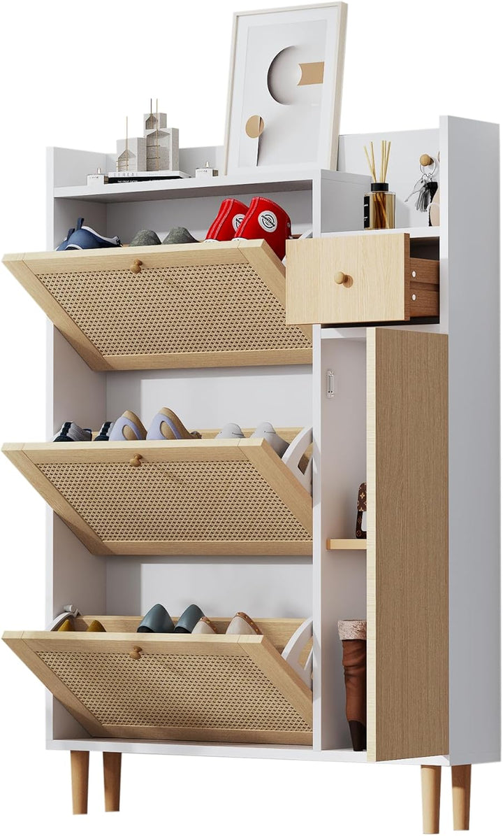 BTM Schuhschrank, Rattan Holz Schuhkipper mit 3 Klappen & Schublade & Tür & Massivholzbeinen, 90x17x