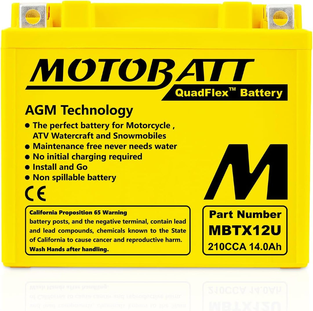 MotoBatt MBTX12U (12V 14 Amp) 200CCA Factory Activated QuadFlex AGM Battery