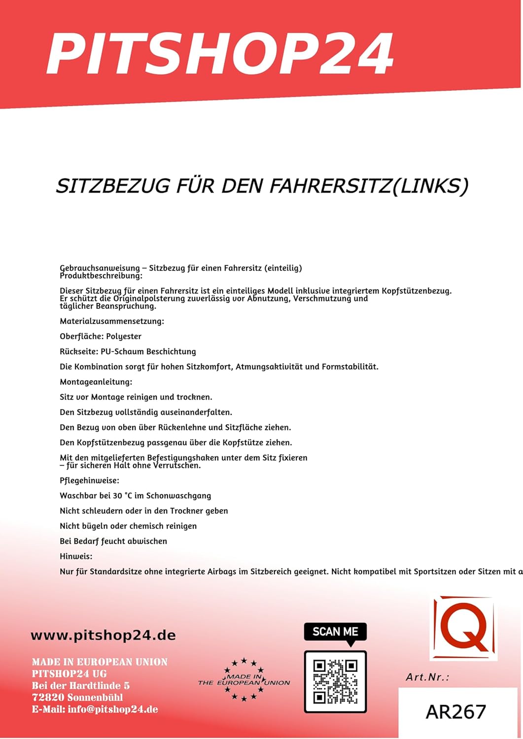 pitshop24de Massgeschneiderte Front Sitzbezug Sitzschoner Fahrersitzbezug kompatibel mit VW Crafter