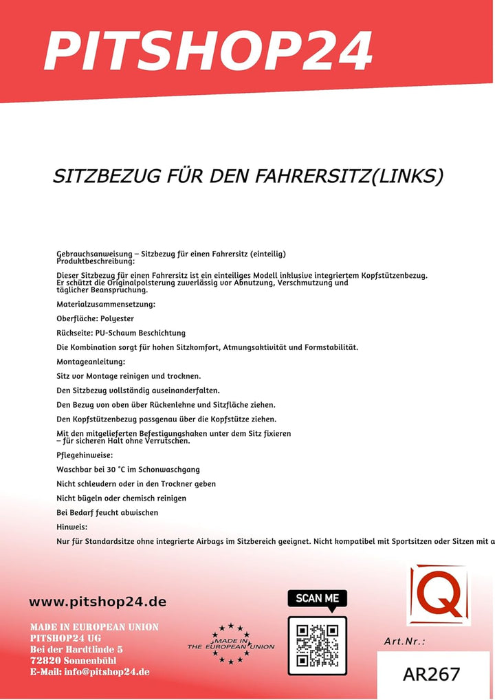pitshop24de Massgeschneiderte Front Sitzbezug Sitzschoner Fahrersitzbezug kompatibel mit VW Crafter
