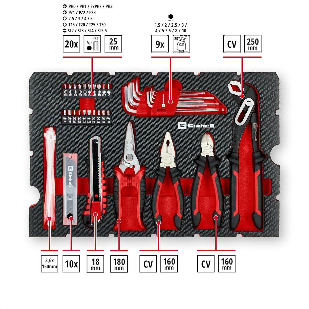 Original Einhell Werkzeugkoffer Umzug 79-tlg. (Schlosserhammer, Zangen, Schraubendreher, Bits, Messe