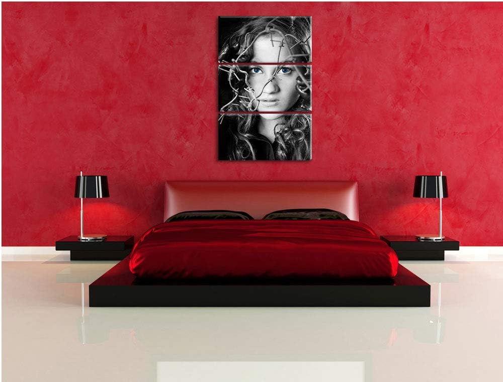 Sexy Girl mit ozeanblauen Augen vor Stacheldraht schwarz/weiss 3-Teiler Leinwandbild 120x80 Bild auf