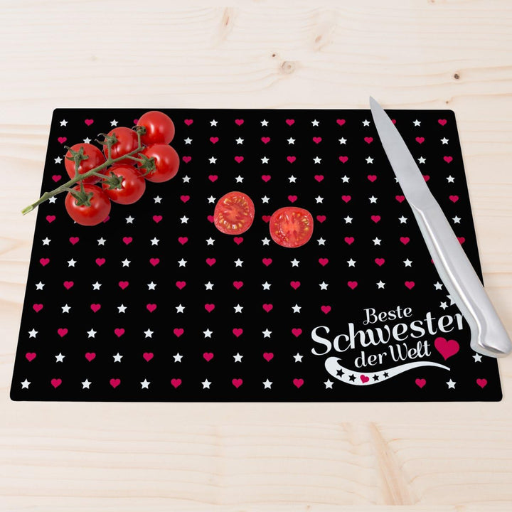 Glasschneidebrett mit Schriftzug „Beste Schwester der Welt“ - Design wählbar - Glasschneideplatte, S