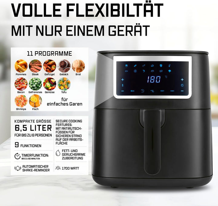 GOURMETmaxx Heissluftfritteuse 6,5 L Airfryer | Fritteuse mit Touchscreen, 9 Funktionen, 11 Programm