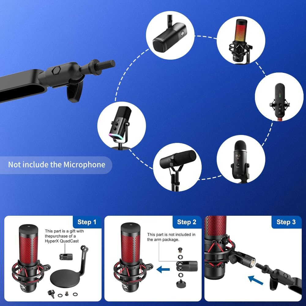 Mikrofonarm Niedrigprofil mit 15cm Verlängerung, Verstellbarer Mikrofonarm aus Metall, Kabelmanageme