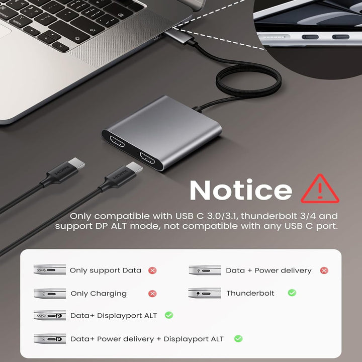 USB C auf Dual HDMI Adapter, 4 in 1 USB Typ C Hub mit 2 HDMI (4K @ 30Hz)/USB 3.0 /PD Aufladen, Dual