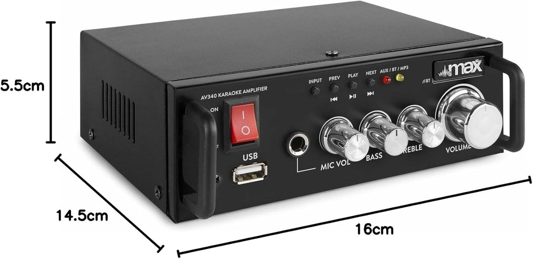 MAX AV340 Mini HiFi Verstärker mit Bluetooth 100 Watt - Kompakter Mini Verstärker HiFi Stereo, RCA A