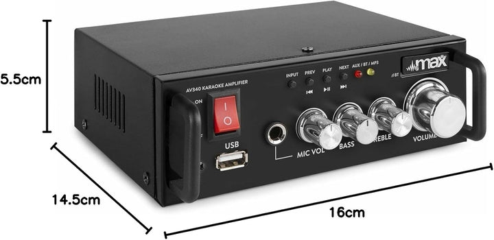 MAX AV340 Mini HiFi Verstärker mit Bluetooth 100 Watt - Kompakter Mini Verstärker HiFi Stereo, RCA A