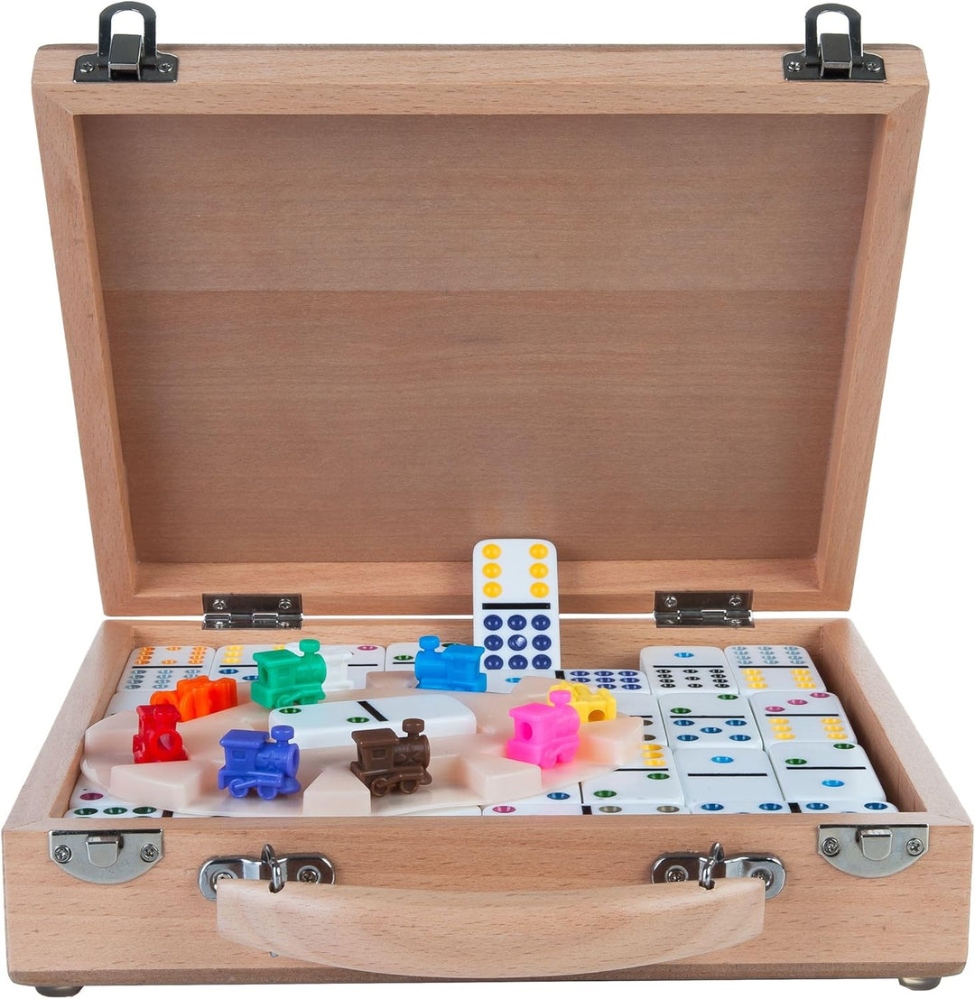 Weible Spiele 04395 - Domino Mexican Train in Holzkiste, 12er