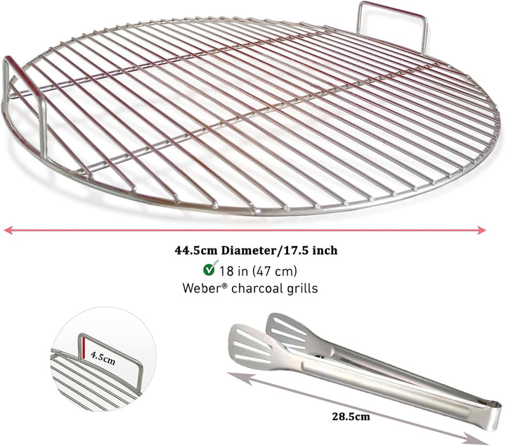 Runde 304 Edelstahl Grillroste mit Grillzange, 44.5 cm Durchmesser, passend für Weber 47cm Kugelgril