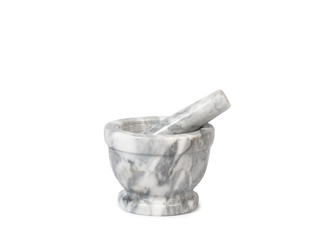 H&H Mörser aus hellem Naturmarmor mit Stössel, Ø 14 cm, robust und elegant, ideal für Gewürze, Kräut