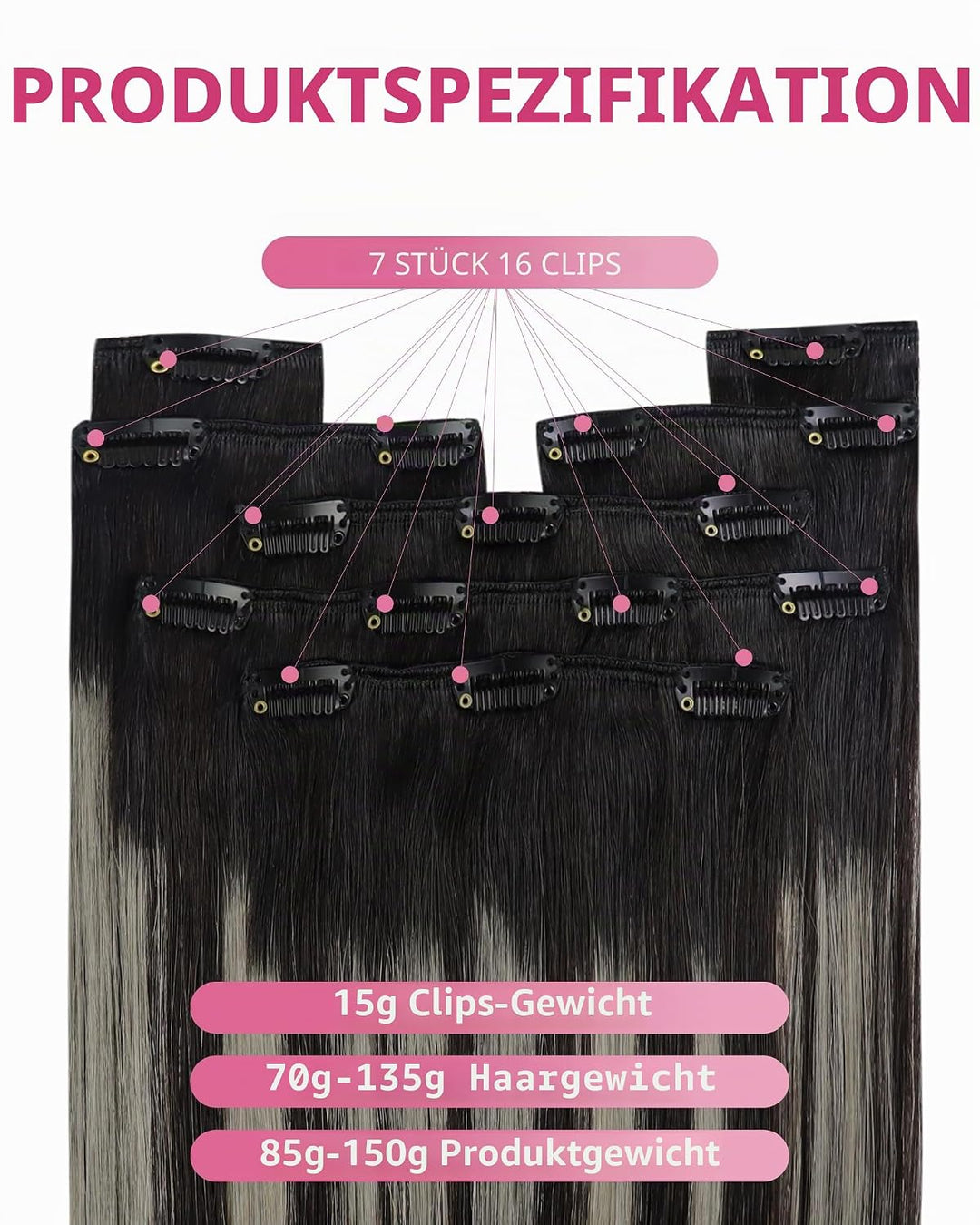 YoungSee Echthaar Extensions Clip Ombre Schwarz 7 Stück 30cm Clip in Extensions Echthaar Schwarz Bal