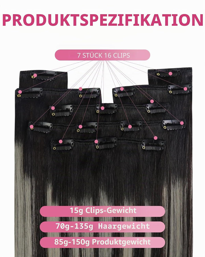YoungSee Echthaar Extensions Clip Ombre Schwarz 7 Stück 30cm Clip in Extensions Echthaar Schwarz Bal