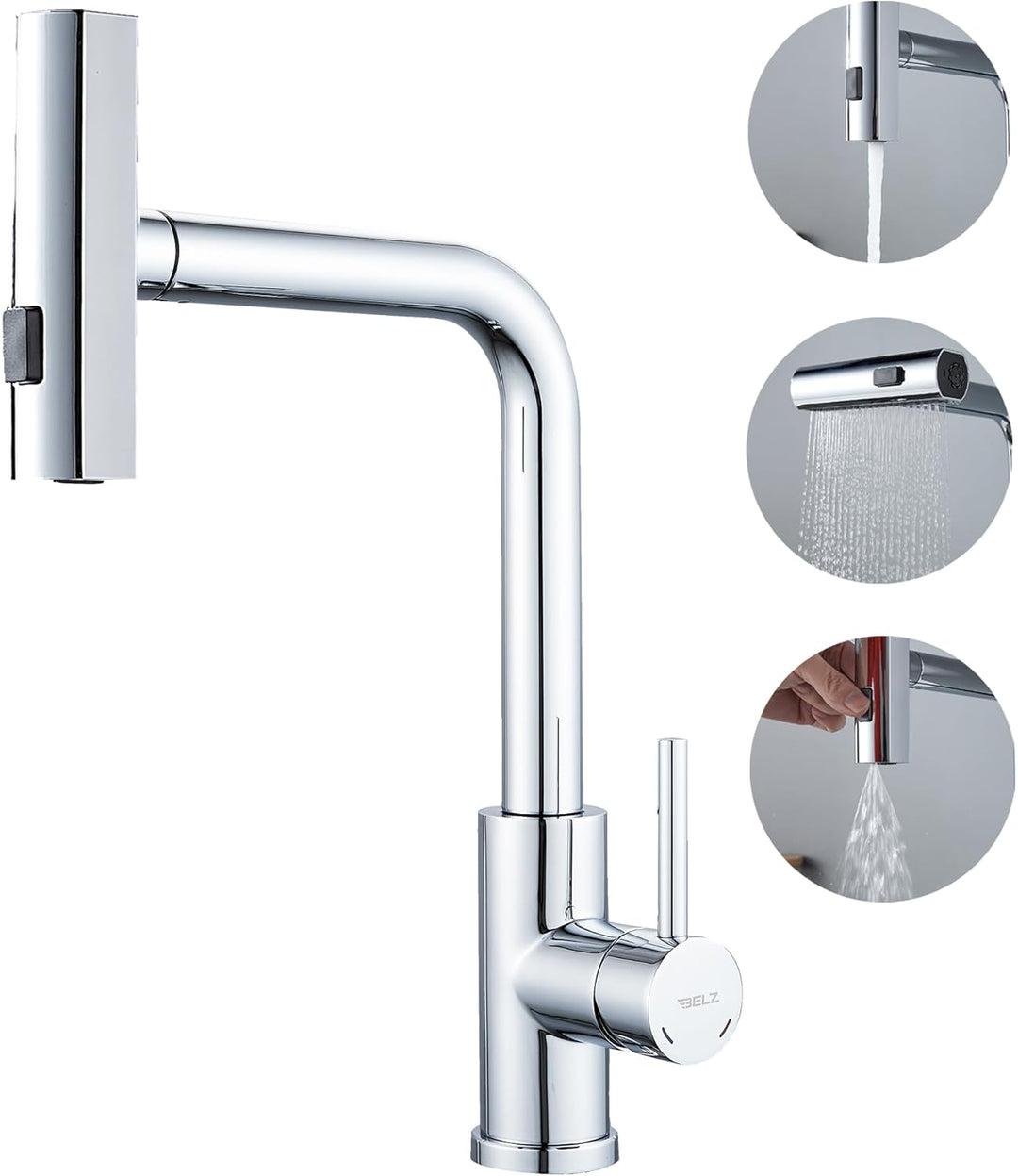 BELZ Wasserhahn Küche mit Herausziehbarer Brause, 3 Strahlarten, 360° Schwenkbarer Spültischarmatur,