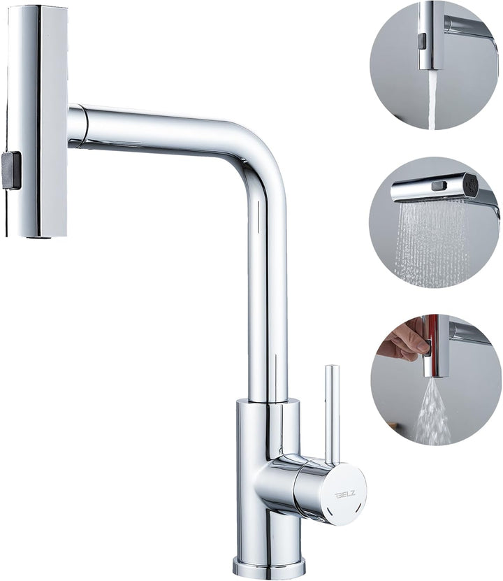 BELZ Wasserhahn Küche mit Herausziehbarer Brause, 3 Strahlarten, 360° Schwenkbarer Spültischarmatur,