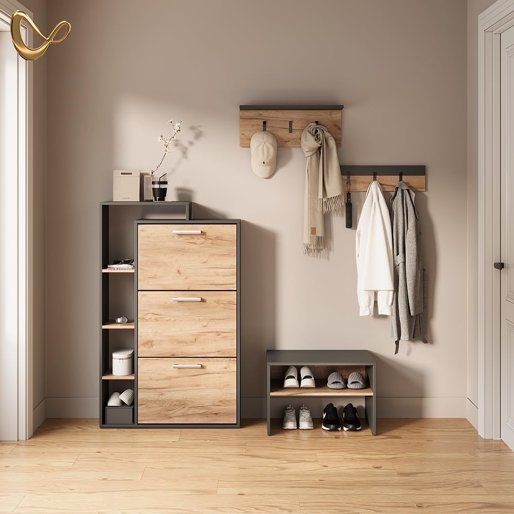 Livinity Schuhkipper Ortello, Goldkraft Eiche/Anthrazit, 80 x 128.3 cm mit 3 Fächern Goldkraft Oak/A