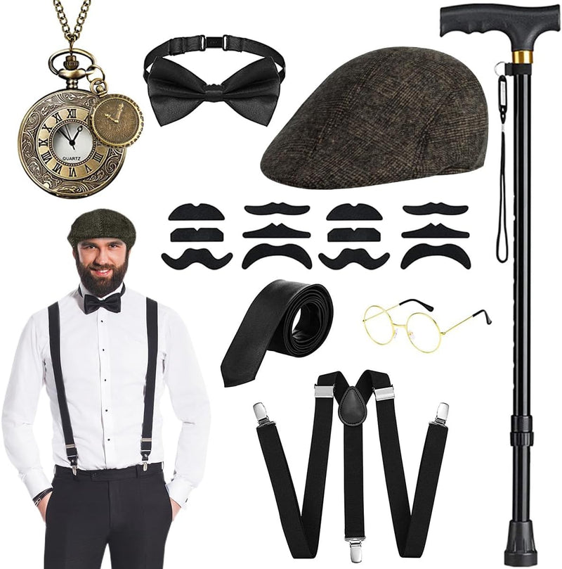 WILDPARTY 20er Jahre Kostüm Herren Accessoires, Faltbarer Krücken Metall, Panamahut, Taschenuhr, Met