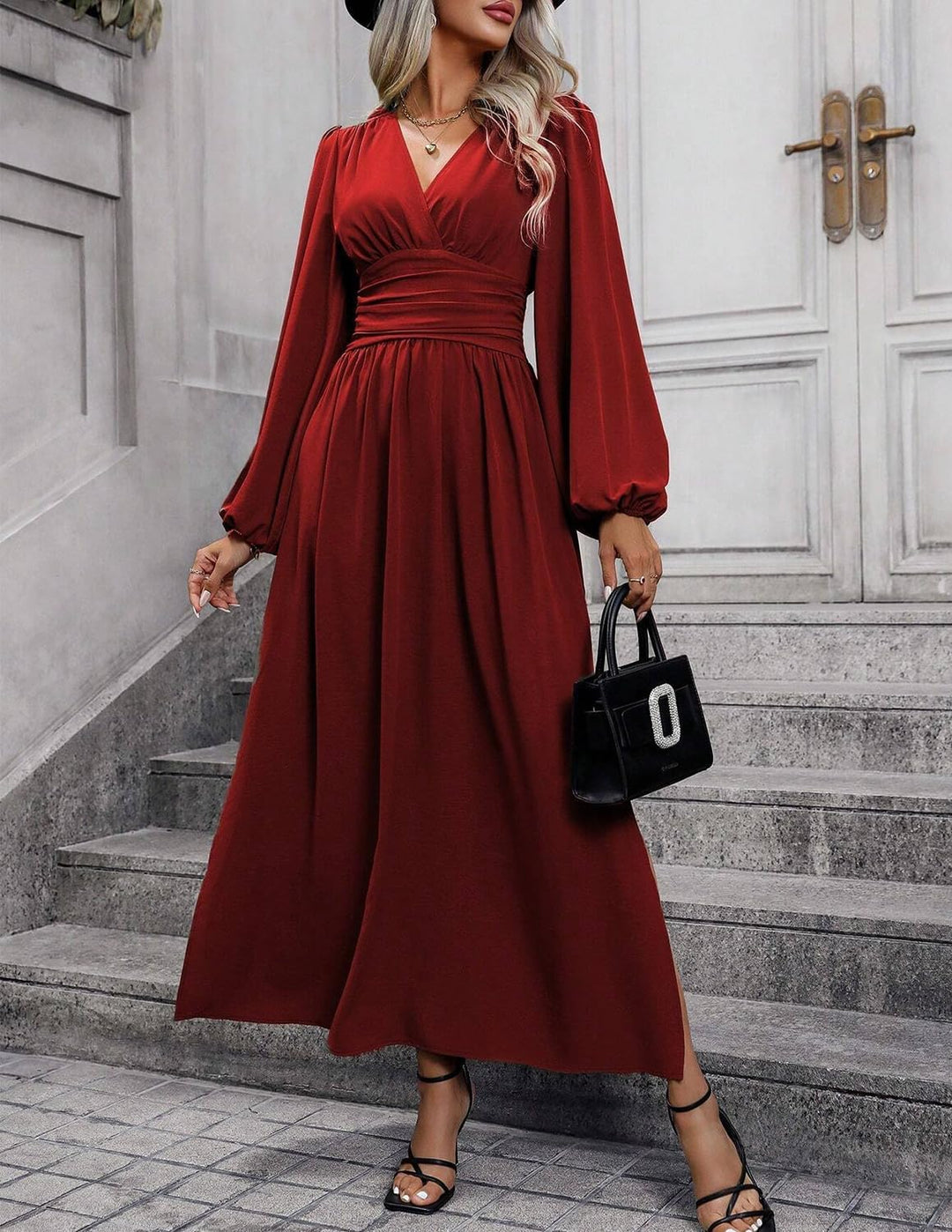 Damen Kleid 2.0 Elegant Langarm V-Ausschnit Tunika Maxikleider Casual Hohe Taille Saumschlitz Cockta