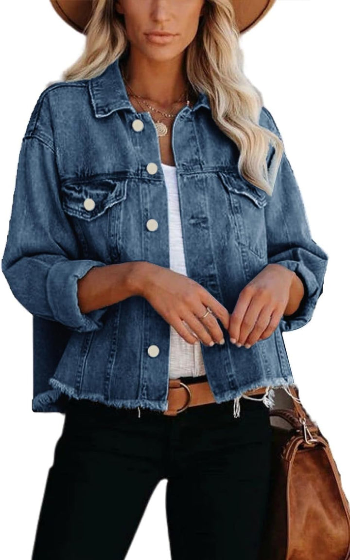 JayscreateEU Female Jeansjacke Kurze jacke Denim Jean Mantel Outwear Lange Ärmel Damen Jeansjacke mi