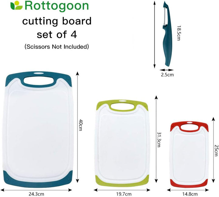 Schneidebretter für Küche, Kunststoff-Schneidebrett 4er-Set mit rutschfesten Füssen und tiefer Tropf