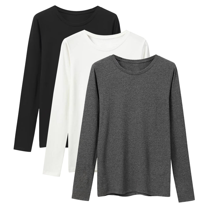 LiKing Langarmshirt Damen Basic Longsleeve Langarm-Shirt Oberteil Tops mit Stretch Baumwolle 3er Pac