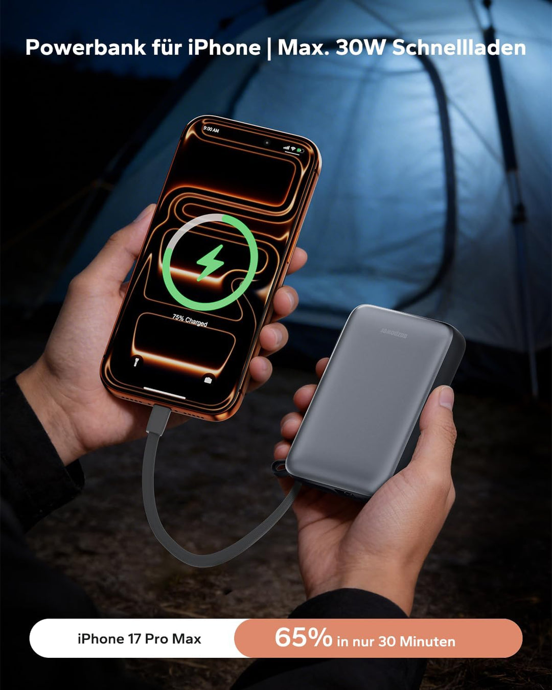 Eazpower Powerbank 20,000mAh 45W Schnellladefunktion mit Integriertem USB-C Kabel, Externe Handyakku