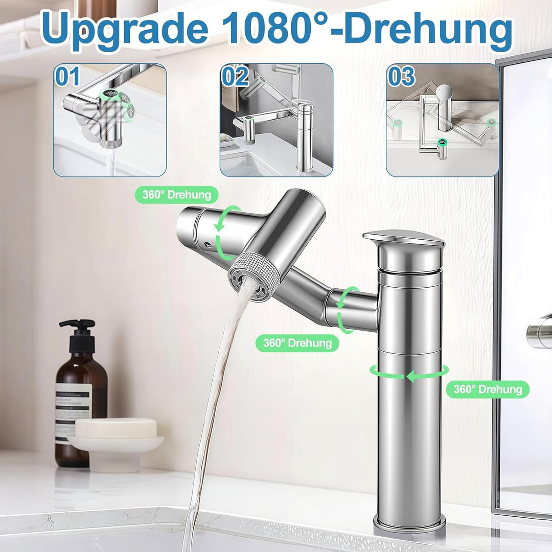 Wasserhahn Bad mit Temperaturanzeige(Batterielos), 1080° Drehbar Einhebelmischer Waschbecken, Höhenv