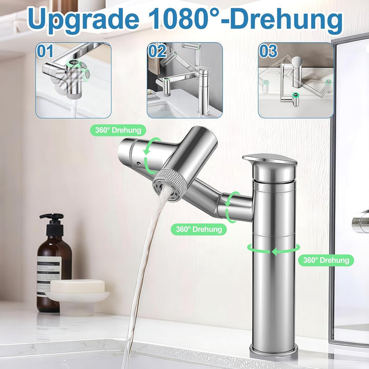 Wasserhahn Bad mit Temperaturanzeige(Batterielos), 1080° Drehbar Einhebelmischer Waschbecken, Höhenv